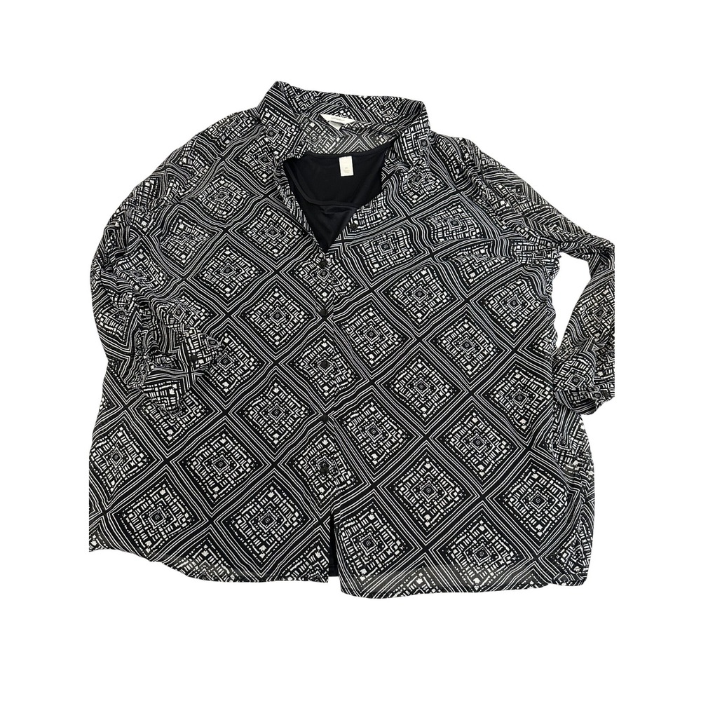 CJ Banks Womens 3X Black White Geometric Diamond Print Button Down Blouse Liner